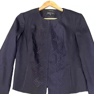 Linen Blend Embroidered Jones NY Navy Blue Career Blazer Suit Jacket Womens 10